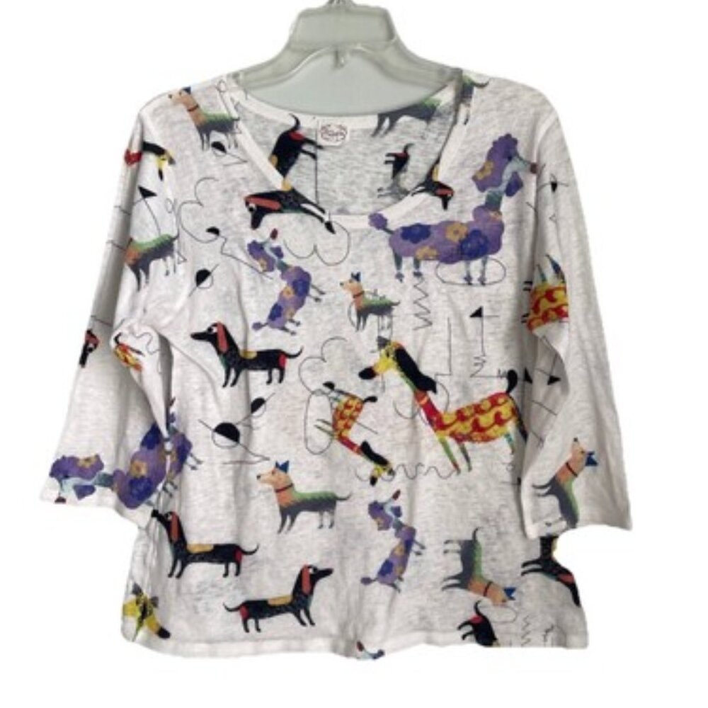 Et' Lois Dogs A Plenty Allover Print 3/4 Sleeve Soft Knit Top Artsy